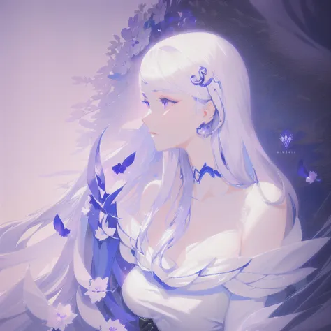 anime girl with long white hair and blue dress with white flowers, violet eyes., detailed fanart, [ artedigital 4k ]!!, highly d...