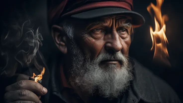 man, coal black skin, eyes like embers, one leg, smoking pipe, red cap, (best quality,4k,8k,highres,masterpiece:1.2),ultra-detailed,(realistic,photorealistic,photo-realistic:1.37),hyperrealistic,extremely detailed,dramatic lighting,cinematic,moody,chiarosc...