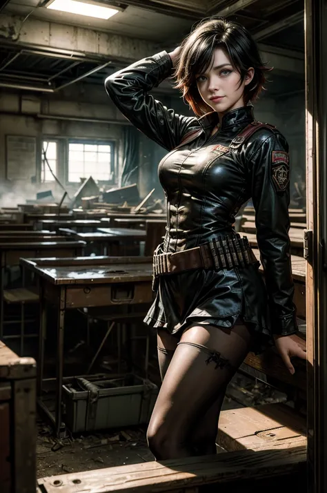 (masterpiece, best quality:1.2), cowboy shot, solo, dynamic pose, 1girl, ruby rose, looking at viewer, smile, military uniform,  pantyhose, standing inside wrecked classroom, ruble on old desks, collapsed ceiling, bonfire, crowd outside searching with rifl...