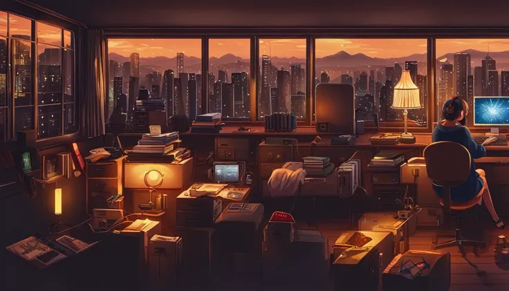 "anime girl sitting in front of computer in cozy bedroom (landscape), listening to music with headphones in cozy room at night. ...