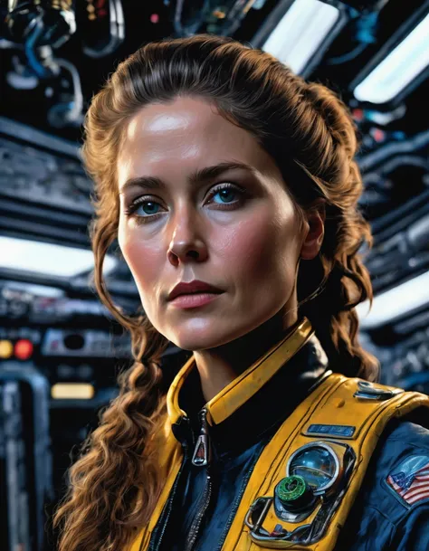 A (waist up:1.2) cinematic photorealistic color digital painting of Ellen Louise Ripley with the (80s heavy metal rock star hair style:1.2) at star ship cargo Nostromo Command Bay, detailed face, insanely detailed and intricate, crisp sharp and clear, volu...