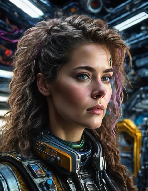 A (waist up:1.2) cinematic photorealistic color digital painting of Ellen Louise Ripley with the (80s heavy metal rock star hair style:1.2) at star ship cargo Nostromo Command Bay, detailed face, insanely detailed and intricate, crisp sharp and clear, volu...