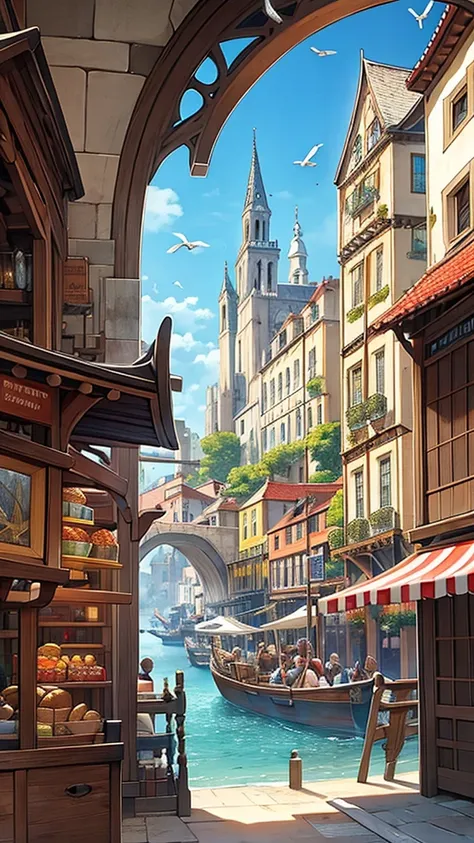 A detailed illustration of a bustling medieval port city with numerous ships docked, inspired by Renaissance maritime paintings, featuring intricate architectural details, vibrant market stalls, seagulls soaring overhead, daylight