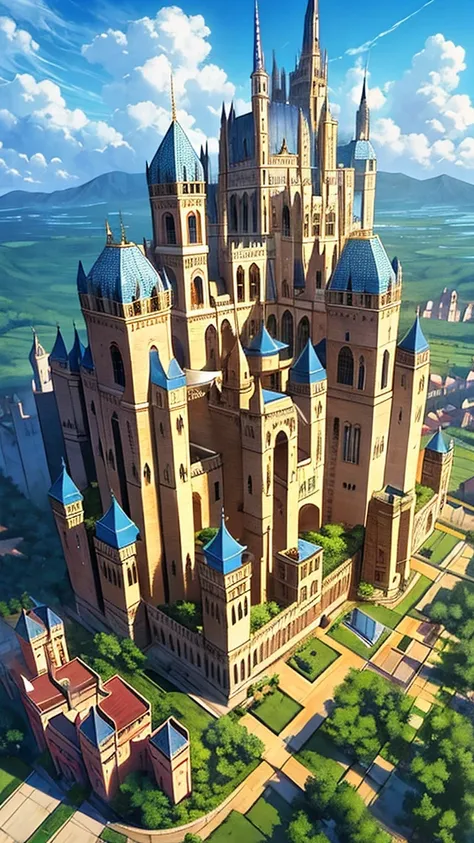 Aerial view of a sprawling medieval fantasy cityscape with majestic palaces, bustling markets, intricate buildings, and charming houses set against a backdrop of fluffy clouds and a clear blue sky. Vertical orientation, detailed illustration, high stylizat...