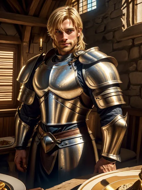 (highly detailed, detailed eyes, soft light, photorealistic, realistic light; cinematic) gorgeous 28-year-old male medieval knight with blond hair wearing full-plate armor looking over his shoulder with longing, looking at camera, expression of vulnerable ...