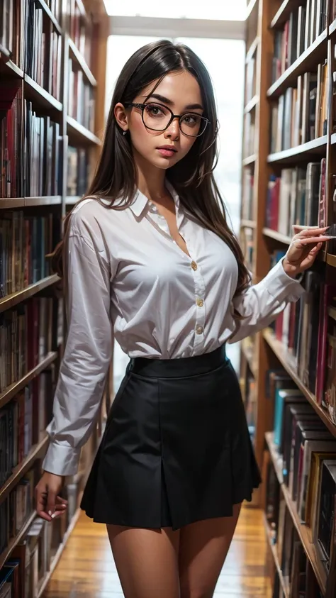 librarian with glasses reaching for book on top shelf. women wearing short skirt and open shirt.