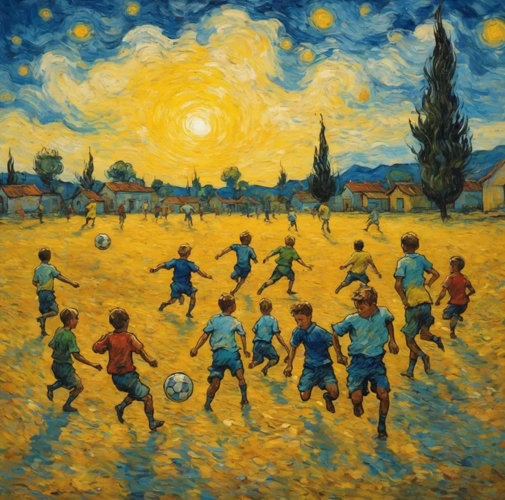 a painting of several boys playing football on a dirt field in a village, Van Gogh art style, Van Gogh style, vincent Van Gogh style, in style of van gogh, style of van gogh, Van Gogh painting, inspired by Vincent Di Fate, vincent Van Gogh painting, inspir...