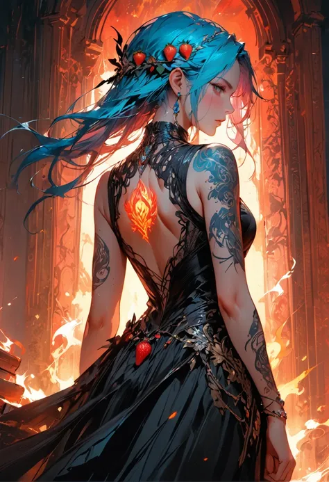 Arafed, Dark fantasy art, fantasy art, goth art, a picture of a tattoo on the back of a female elf, a glowing tattoo of a ((strawberry: 1.3)) on the elfs back, the ((strawberry tattoo)) is vivid, intricate detailed  GlowingRunesAI_red, ((fire surrounds the...