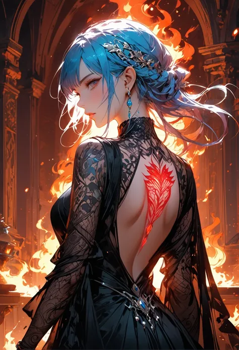 Arafed, Dark fantasy art, fantasy art, goth art, a picture of a tattoo on the back of a female elf, a glowing tattoo of a ((strawberry: 1.3)) on the elfs back, the ((strawberry tattoo)) is vivid, intricate detailed  GlowingRunesAI_red, ((fire surrounds the...