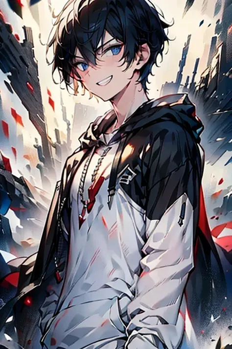 a young man，white sweatshirt，epic war background，anime boy with black hair and big eyes staring at the camera[[[[smiling]]]], sm...