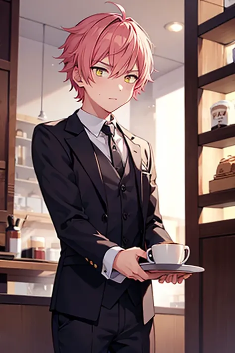 one boy　pink hair　yellow eyes　coffee shop　slender　waiter