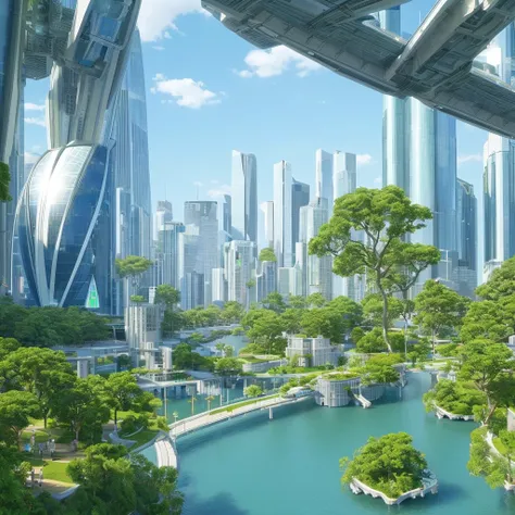 Solarpunk city. A photograph of a futuristic cityscape scene with plants, buildings, water, sky, greenery, park, glass, environmentally friendly architecture. clean, sustainable, utopia, arcology, sci-fi
