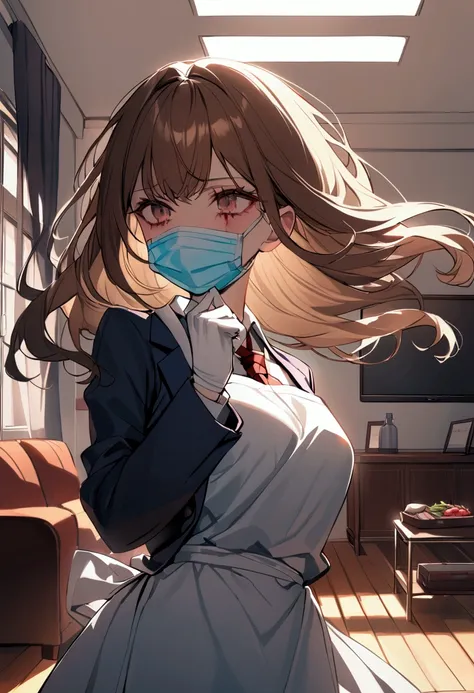 Living room Background, bloody, gore, school blazer, school uniform, surgical apron, medical gloves, surgical mask, 1girl, brown hair, shining hair, 