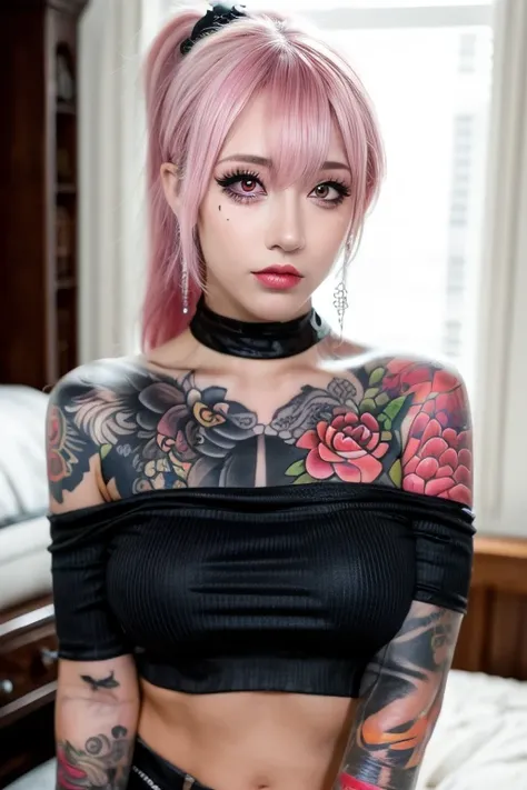 masterpiece, 1girl, beautiful, tattoos, covered in tattoos, tattoos covering body, body being covered in tattoos, arm tattoos, neck tattoos, face tattoos, tattoos on arms, tattoos on neck, punk, bedroom, crop top, off the shoulder, bedroom, mascara, eyelin...