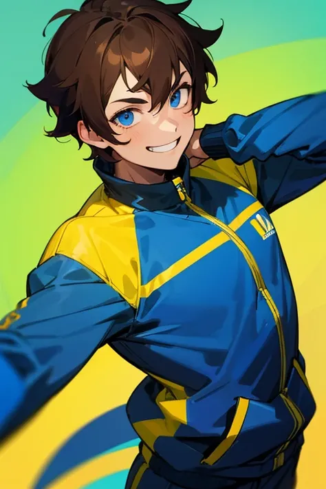 1 boy, brown hair, blue eyes, tracksuit, neon background, grinning