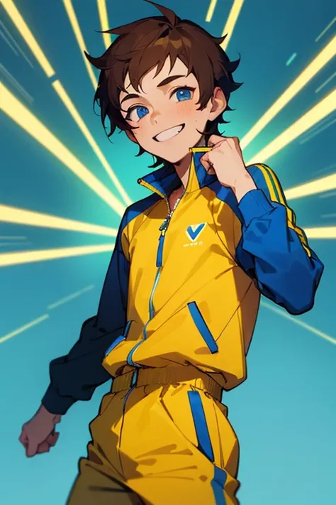 1 boy, brown hair, blue eyes, tracksuit, neon background, grinning