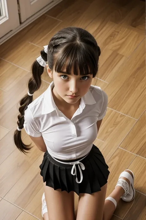 Photo from above of a pretty 15-year-old Caucasian woman with dark hair in pigtails, She is wearing a very tight white shirt, and a black pleated miniskirt. She is kneeling on the floor, looking sexy. She is looking up and forward toward the camera. Bouche...