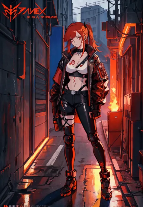 a girl with a fiery attitude to match her red hair, female cyberpunk anime girl, 1980s delinquent , street biker gang, delinquent,  detailed artstyle, anime full body illustration, azur lane style, character art, by Yang J, from arknights, digital art, no ...