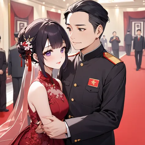 ((Highest quality)), ((masterpiece)), (detailed), （Perfect Face）、The woman is a Chinese woman named Kocho Shinobu.。, Purple gradient bob black hair and formal evening hairstyles. She is wearing an engagement ring. She is a prominent member of the Chinese C...