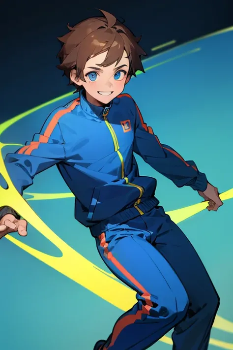 1 boy, solo, brown hair, blue eyes, blue tracksuit, neon background, grinning