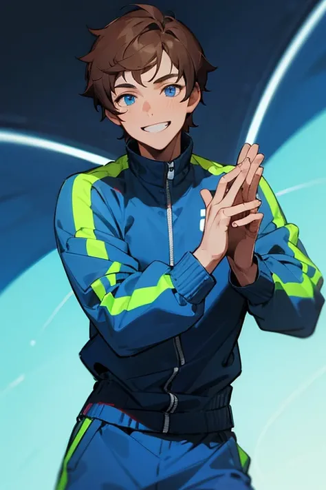 1 boy, solo, brown hair, blue eyes, blue tracksuit, neon background, grinning