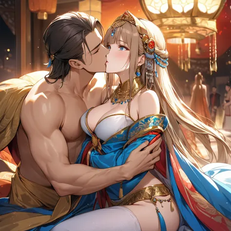 ((Highest quality)), ((masterpiece)), (detailed), （Perfect Face）、The woman is a concubine and sixth wife, Yuuki Asuna, with light brown, medium-long hair. She is a concubine to a wealthy man and a member of his harem. She is beautifully dressed in a captiv...