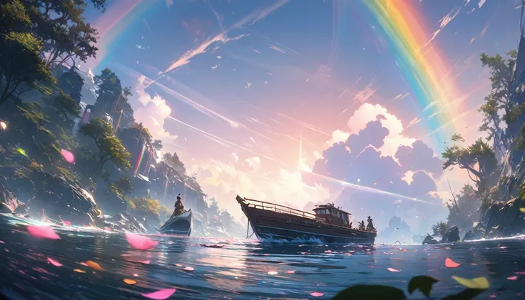 (best quality,masterpiece,ultra-detailed,8k wallpaper,highres:1.2),natural,delicate leaves,rainbow-colored petals floating in the air,ray tracing,two boats,long exposure super detailed-v6, (best quality), (best illustration), (best shadows)