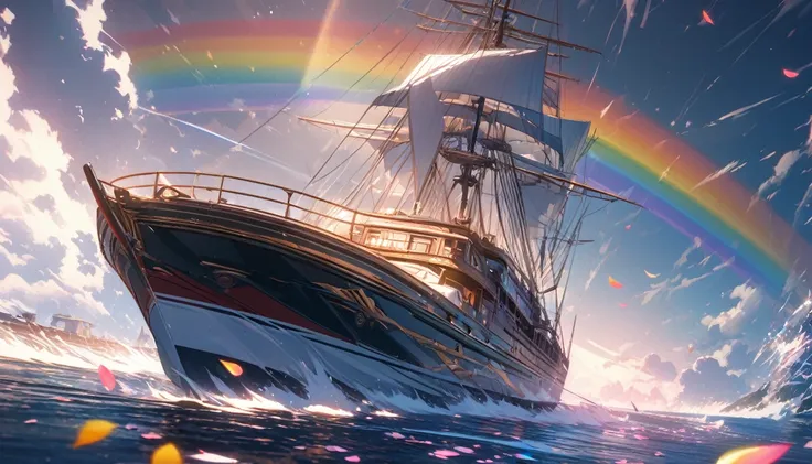 (best quality,masterpiece,ultra-detailed,8k wallpaper,highres:1.2),natural,delicate leaves,rainbow-colored petals floating in the air,ray tracing,two boats,long exposure super detailed-v6, (best quality), (best illustration), (best shadows)