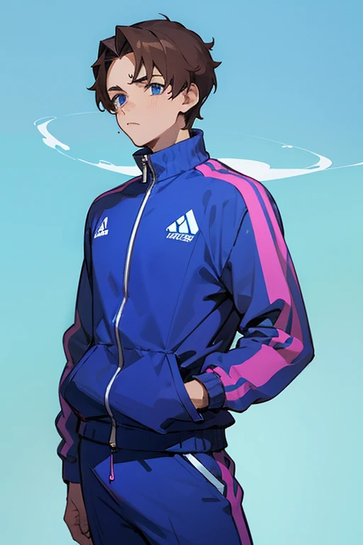 1 boy, brown hair, blue eyes, blue tracksuit, vaporwave background, stoic 