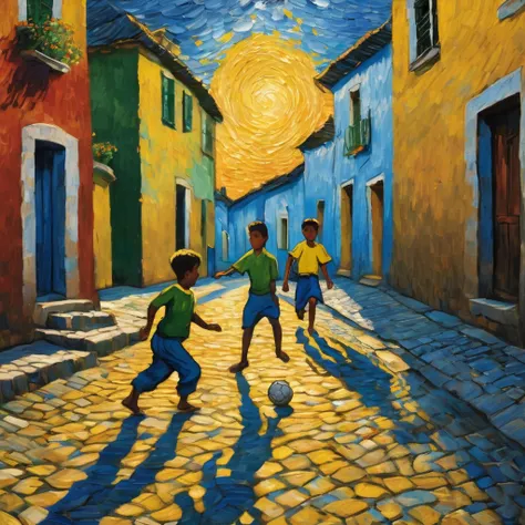 painting of a boy in close-up and five Brazilian boys playing soccer on a cobblestone street in a village with the sun in the background, in the style of Van Gogh, van gogh art style, Van Gogh style, vincent Van Gogh style, inspired by Vincent Van Gogh, in...