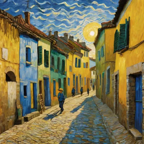 painting of a boy in close-up and five Brazilian boys playing on a cobblestone street in a village with the sun in the background, in Van Gogh style, van gogh art style, Van Gogh style, vincent Van Gogh style, inspired by Vincent Van Gogh, inspired by Vinc...