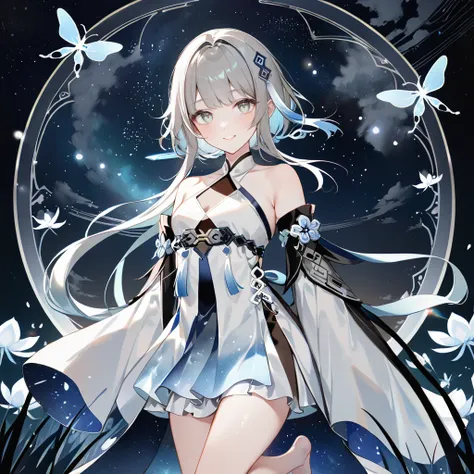 score_9, score_8_up, score_7_up, score_6_up,1girl, guizhong_(genshin_impact),(grey hair),short_hair_with_long_locks in front and low ponytail in back,gradient_hair,(pale grey eyes with seafoam gradient),starry_sky_print,detached_sleeves white outside blue ...