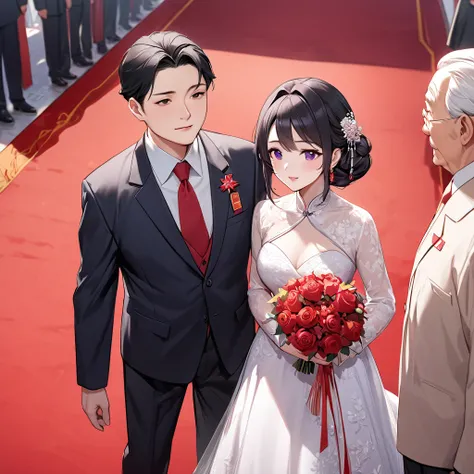 ((Highest quality)), ((masterpiece)), (detailed), （Perfect Face）、The woman is a Chinese woman named Kocho Shinobu.。, Purple gradient bob black hair and formal evening hairstyles. She is wearing an engagement ring. She is a prominent member of the Chinese C...