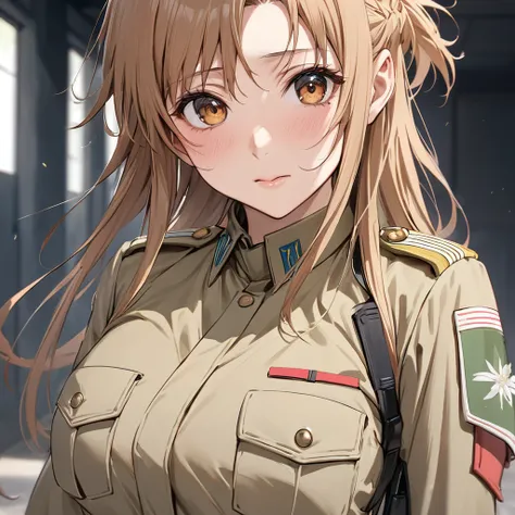 ((Highest quality)), ((masterpiece)), (detailed), （Perfect Face）、The woman is Asuna Yuki, a female member of the Japanese Self-Defense Forces. She has light brown, semi-long hair and is a female member of the Japanese Self-Defense Forces, dressed in the fu...