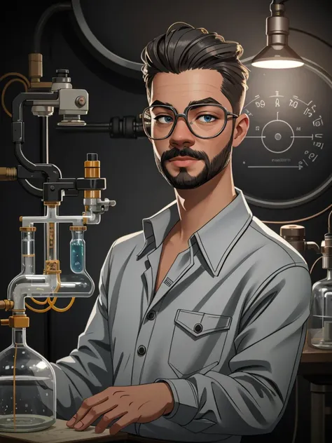 a man in a 1940s dieselpunk-themed science lab, wearing a safety goggles, button-up shirt, and a surgical mask, with a flower on...