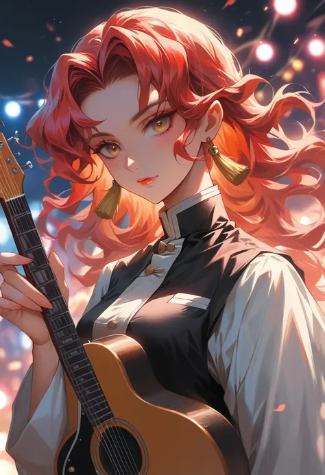 lendario Broly dbz uchira rocker young girl latin with guitar and with multi-colored outfit yellow and red and hair two colors exuding effortless illuminated with high-contrast shading and ultra HD clarity. background concert lights showcasing phenomenal d...