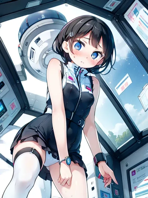 (Highest quality), (masterpiece), 1080P, High resolution, 4K, 8k, Inside the space station、Futuristic room、Thigh straps, Shooting from directly below, The woman on top of me, Nipples, 白いSweat, Covered , Sweat, Woman looking down, Skirt swimsuit, Thigh-high...