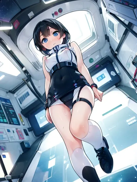 (Highest quality), (masterpiece), 1080P, High resolution, 4K, 8k, Inside the space station、Futuristic room、Thigh straps, Shooting from directly below, The woman on top of me, Nipples, 白いSweat, Covered , Sweat, Woman looking down, Skirt swimsuit, Thigh-high...