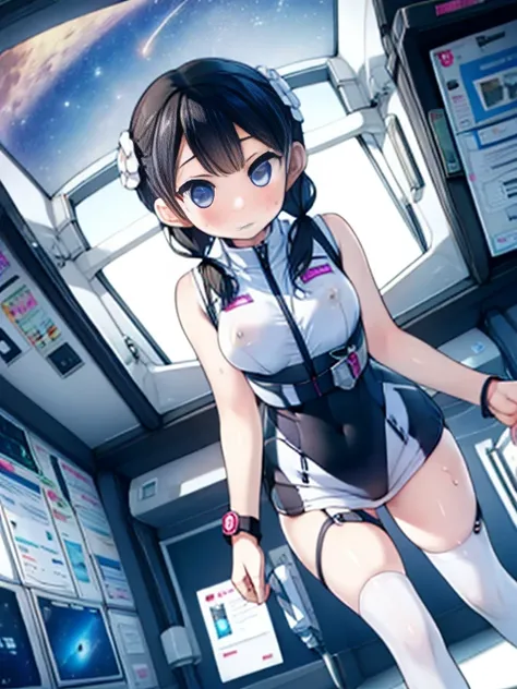 (Highest quality), (masterpiece), 1080P, High resolution, 4K, 8k, Inside the space station、Futuristic room、Thigh straps, Shooting from directly below, The woman on top of me, Nipples, 白いSweat, Covered , Sweat, Woman looking down, Skirt swimsuit, Thigh-high...