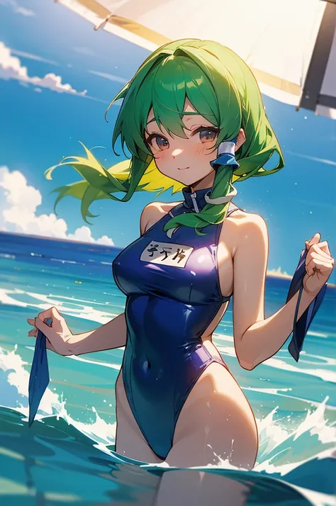 Sanae Kochiya from Touhou Project wearing a swimsuit