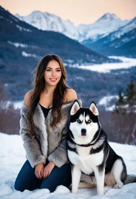 femme brune gros seins naturel tenue dhiver avec un husky avec un paysage de Laponie 