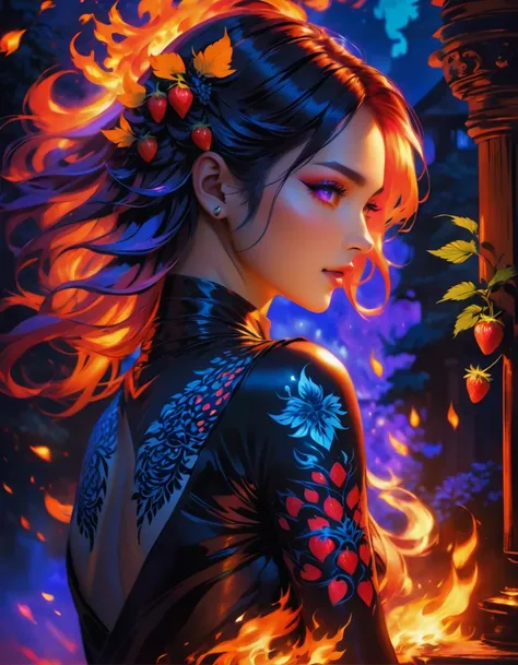 Arafed, Dark fantasy art, fantasy art, goth art, a picture of a tattoo on the back of a female elf, a glowing tattoo of a ((strawberry: 1.3)) on the elfs back, the ((strawberry tattoo: 1.3)) is vivid, intricate detailed,  GlowingRunesAI_purple, ((fire surr...