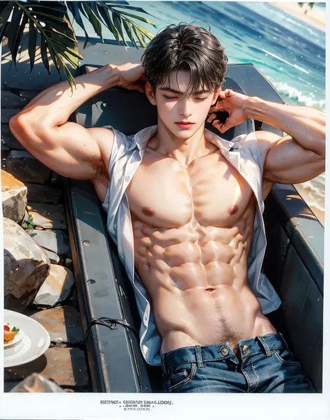 A handsome 20 years old man, muscular and slim, model , found lying sideways in the seashore unconcious, eyes are closed and in pain, sexy and toned body, wet ripped shirt and pants, 