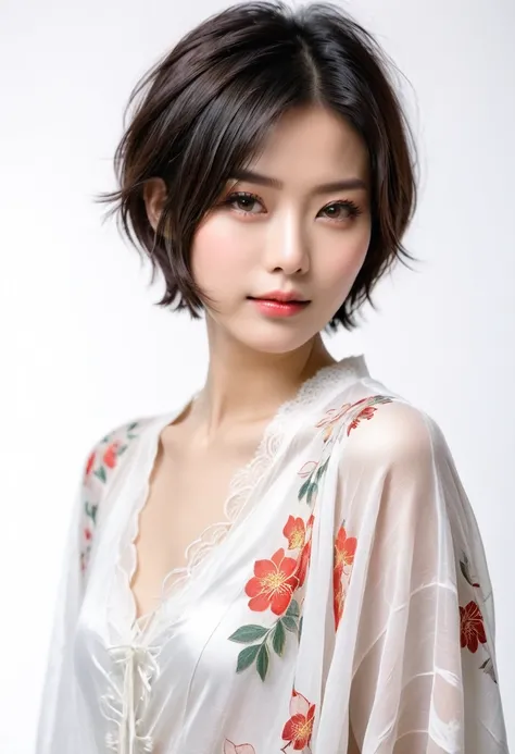 beautiful Japanese woman with short hair , white background