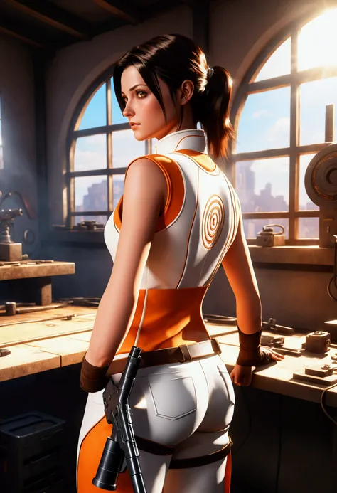 chell, Horse tail, sleeveless, clothing around the waist, Clean a portal gun on a workbench., Bright morning sunlight shining through the window. (stylezrpg) (masterpiece:1.2) (illustration:1.2) (Best Quality:1.2) (detailed) (Intricate) (8k) (HdR) (cinemat...