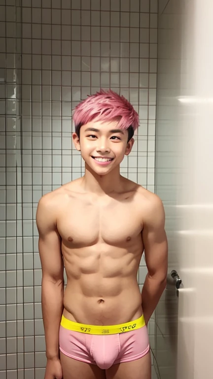 Japanese men、14 years old、Muscles and smooth skin、Undercut pink hair、Relaxed and friendly smile、Light yellow boxer briefs、The whole body is visible from toes to head、Posing in the bathroom、