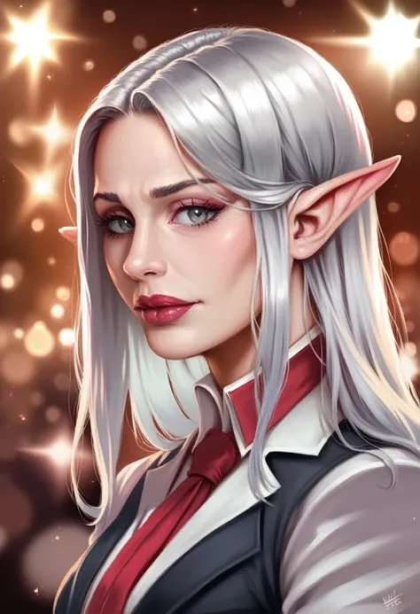 A beautiful elf woman with silver hair and grey eyes, wearing a crimson hakama, (best quality,4k,8k,highres,masterpiece:1.2),ultra-detailed,(realistic,photorealistic,photo-realistic:1.37),HDR,UHD,studio lighting,ultra-fine painting,sharp focus,physically-b...