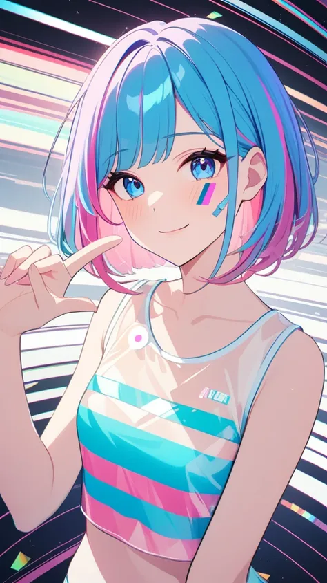 masterpiece,Highest quality,Ultra Wide Angle,Finger Spectator,One girl,pink and blue hair,hand,Cute anime face,tears,masterpiece,Transparent PVC clothing,Transparent color tank top,whole body,glitch lump}On the face,smile,Medium Hair,Film Grain,lens_Flare,...