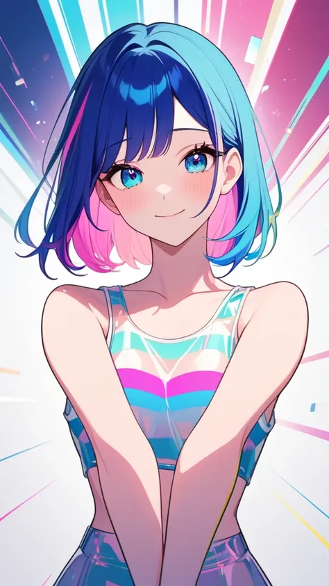 masterpiece,Highest quality,Ultra Wide Angle,Finger Spectator,One girl,pink and blue hair,hand,Cute anime face,tears,masterpiece,Transparent PVC clothing,Transparent color tank top,whole body,glitch lump}On the face,smile,Medium Hair,Film Grain,lens_Flare,...