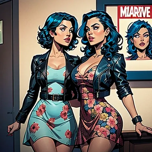 blue curly hair. Deep dark and energetic coffee eyes. She wears a floral dress and a leather jacket.. busty. comic style, Marvel Comics( Two lesbians)